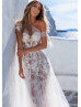 One Shoulder Illusion Beaded White Lace Tulle Wedding Dress